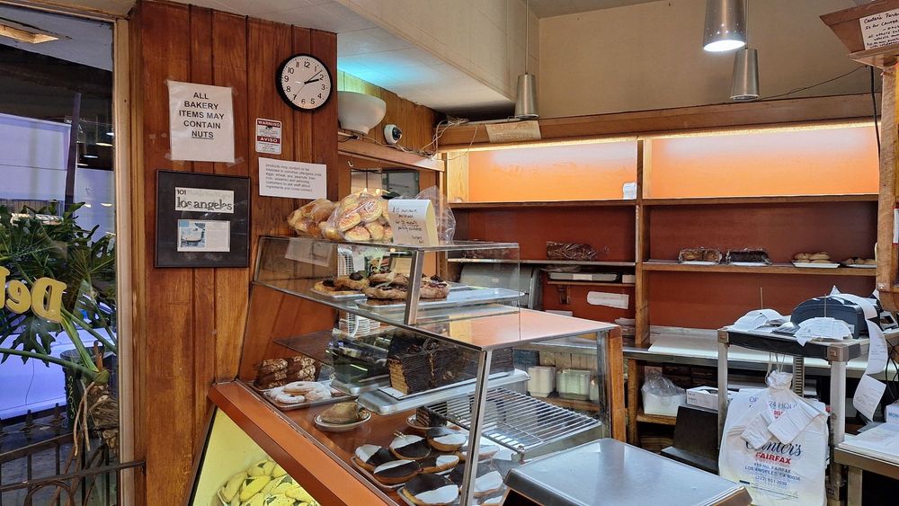 The bakery counter at Canter's Deli, cases full of fresh-baked goods